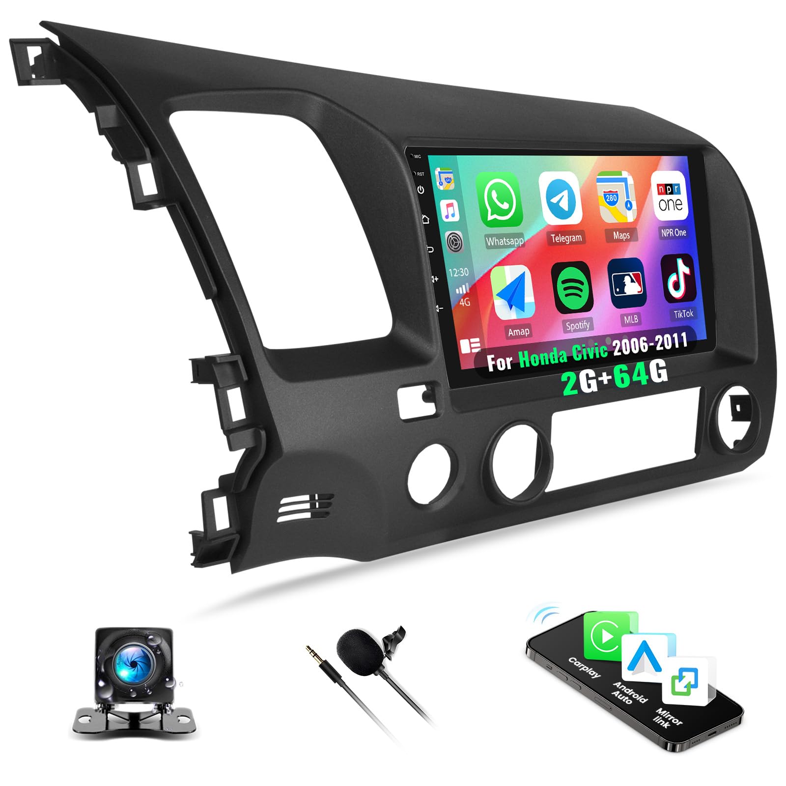 Photo 1 of 2+64G Android 13 Car Stereo for Honda Civic 2006-2011 with Wireless Carplay Android Auto,9" Touchscreen Car Radio with WiFi GPS Mirror Link Bluetooth EQ FM RDS SWC + Backup Camera