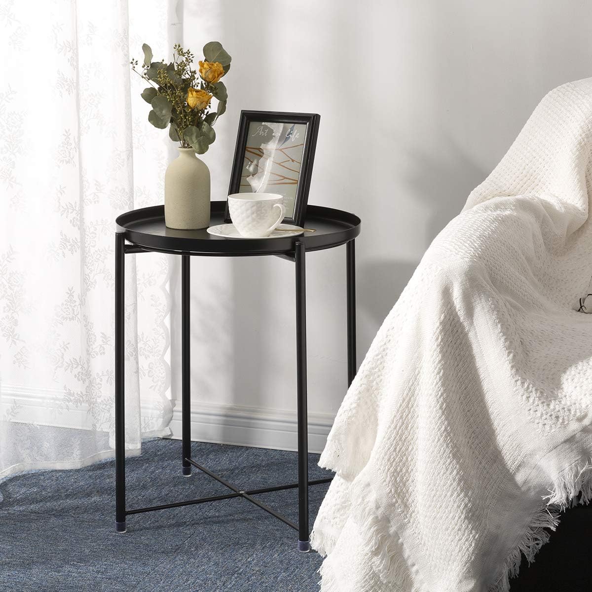 danpinera End Table, Side Table Metal Waterproof Small Coffee Table Sofa Side Table with Round Removable Tray for Living Room Bedroom Balcony and Office (Black): Kitchen & Dining