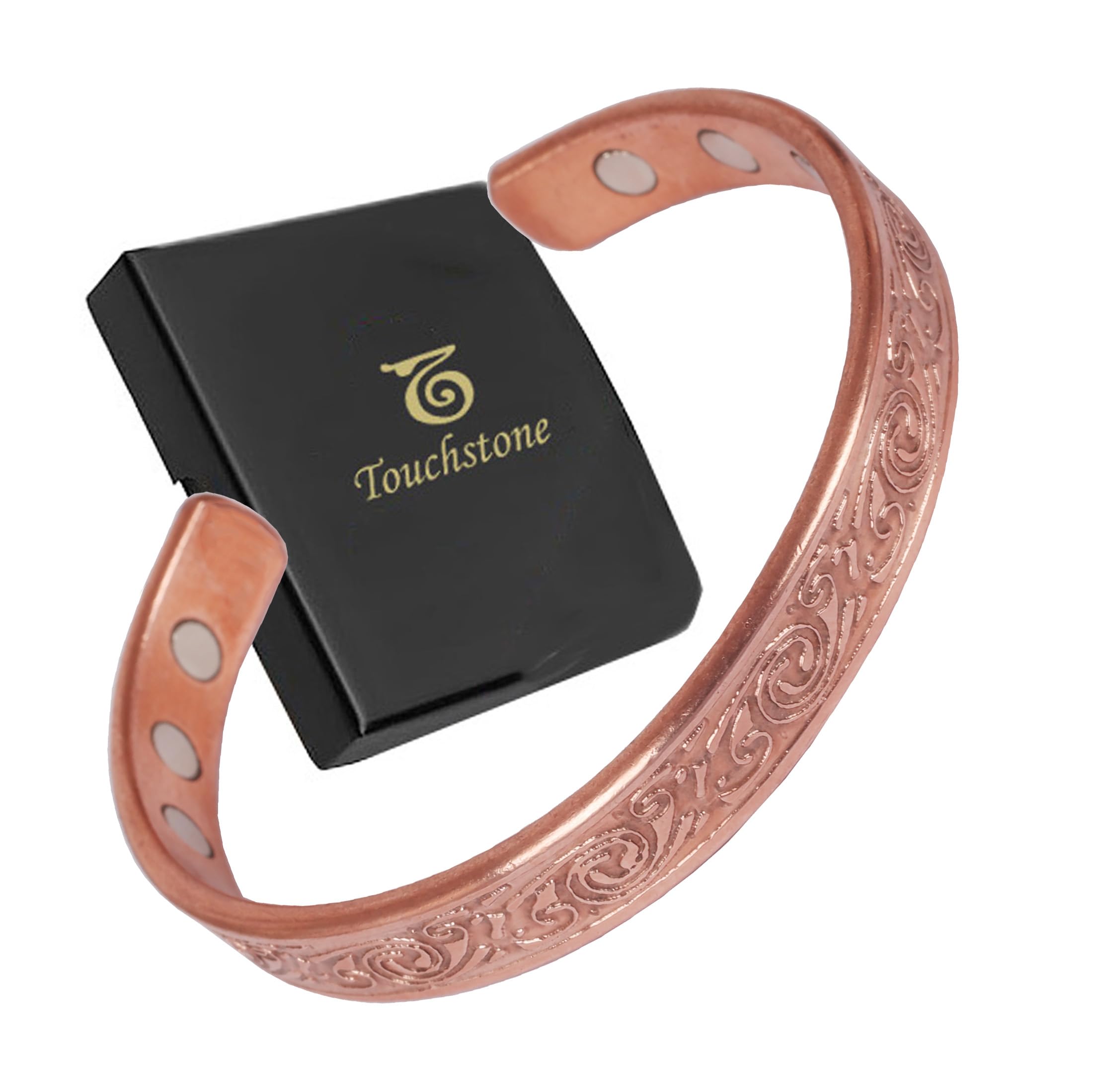 Touchstone handcrafted magnetic copper bracelet. Hand forged with solid and high gauge Tibetan style engraved cuff pure copper jewelry for women men. Elegant minimalist design.