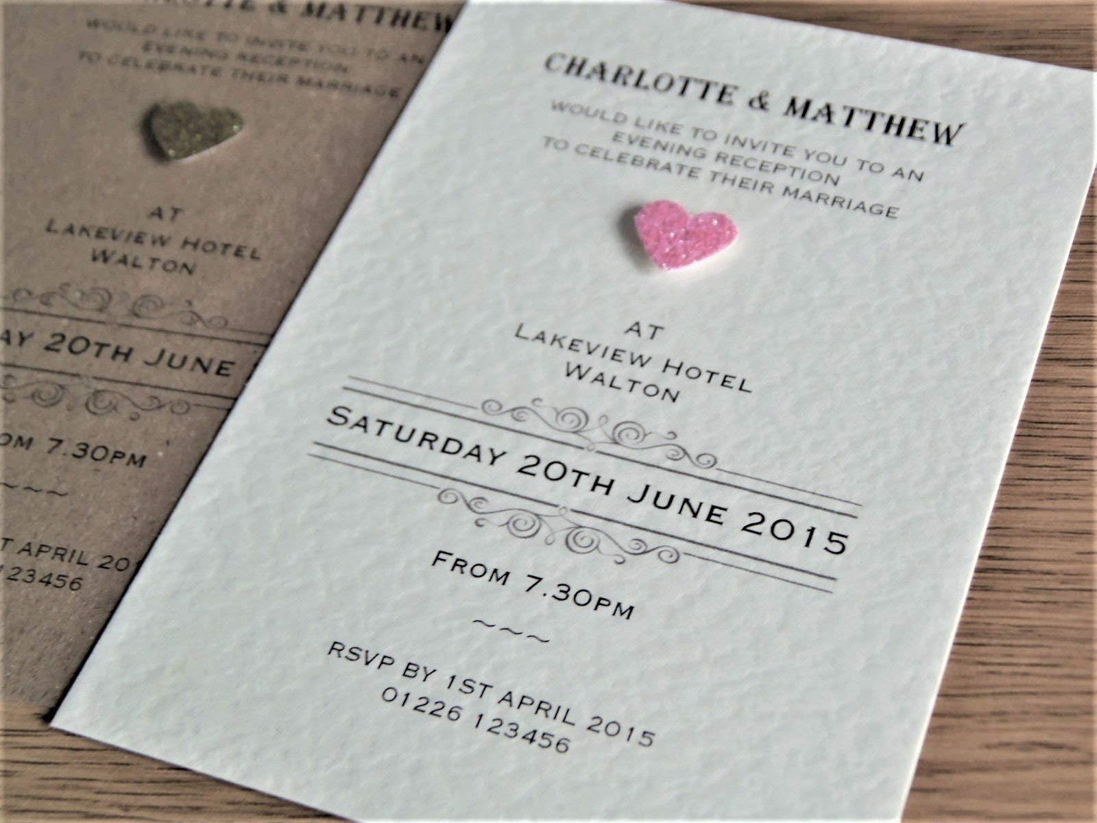 10 Personalised wedding day evening night invitations with envelopes, Vintage glitter heart, ivory or white hammered card