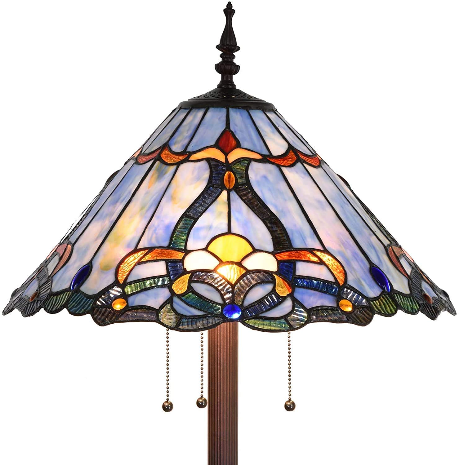 Bieye L30687 Baroque Tiffany Style Stained Glass Floor Lamp with 18 Inch Wide Blue Shade for Reading Working Bedroom Living Room, 3 Lights, 63.5 inch Tall
