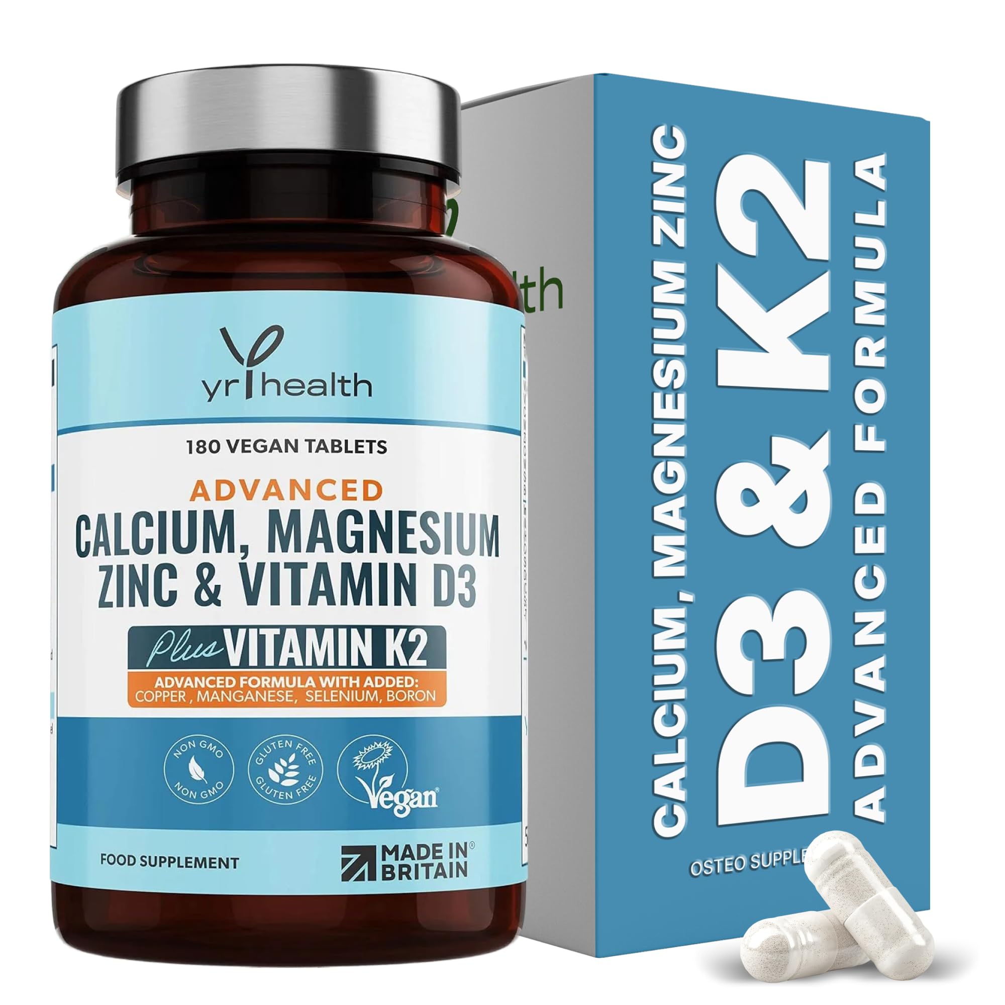Calcium, Magnesium, Zinc and Vitamin D Plus Vitamin K2 MK-7 Tablets - Osteo Supplement - 180 Vegan Tablets not Capsules - Made in the UK by YrHealth