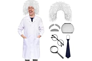 XonyiCos 8 Pcs Mad Scientist Costume for Adult Halloween Albert Einstein Costumes Mad Scientist Wig Lab Coat