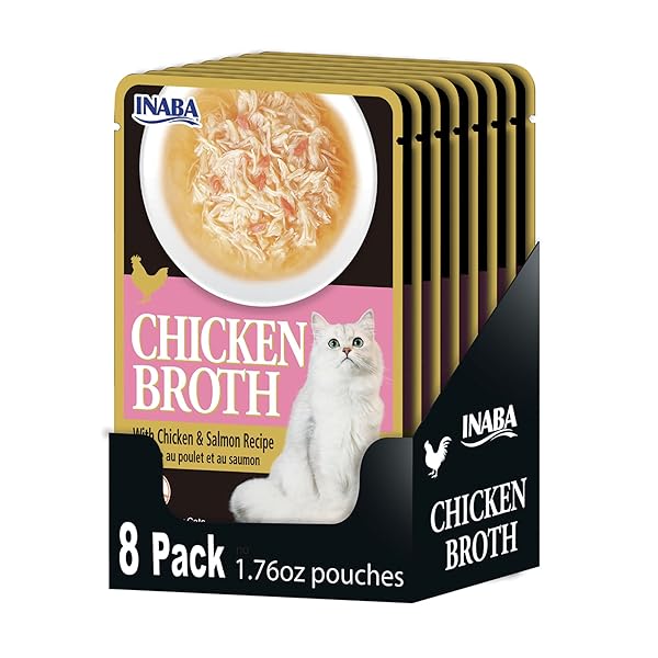 INABA CHICKEN BROTH, SIDE DISH/TOPPER FOR CATS WITH VITAMIN E, 1.76 OUNCE POUCH, 8 POUCHES TOTAL, CHICKEN AND SALMON RECIPE