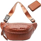 Woven PU Leather Fanny Packs for Men and Women, Stylish Shoulder Sling Crossbody Purse Adjustable Strap, Unisex Bum Waist Bags for Festival Travel Shopping Outdoor (Brown, Medium)