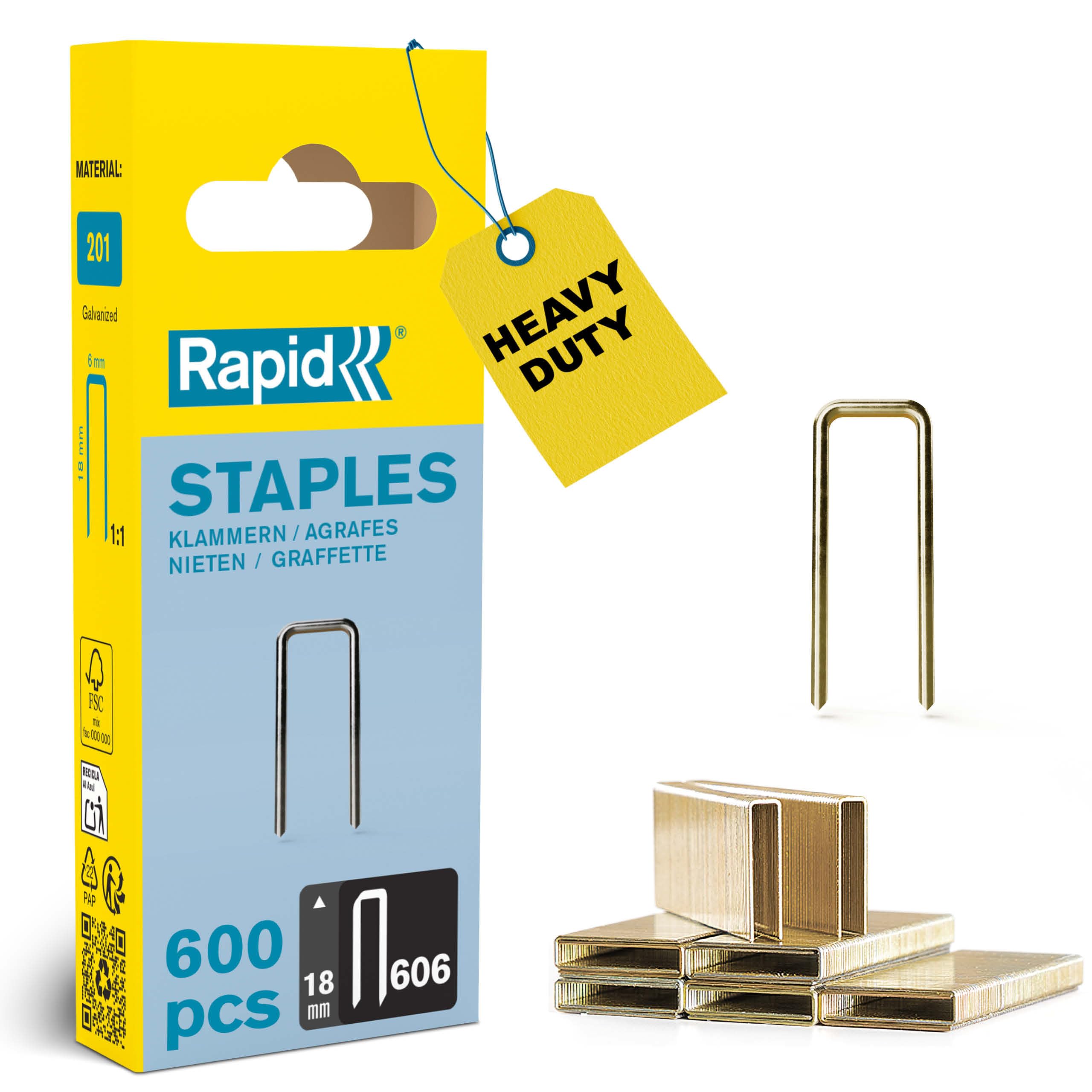 Rapid High-Performance Staples for Dense Materials, Narrow Crown No. 606, Leg Length 18mm, Staple Gun Staples, Resin-Coated Galvanised Steel, 600 Pieces, Narrow Blister (40109529)