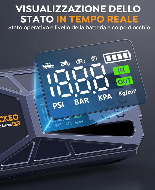 Booster Avviamento Auto, 8000A Avviatore Batteria Auto con Compressore 160PSI(Fino 12.0L Diesel/ALL Gas), Starter Batteria Auto Al Litio 12V, Avviatore Emergenza Per Auto con Torcia a LED, LCD