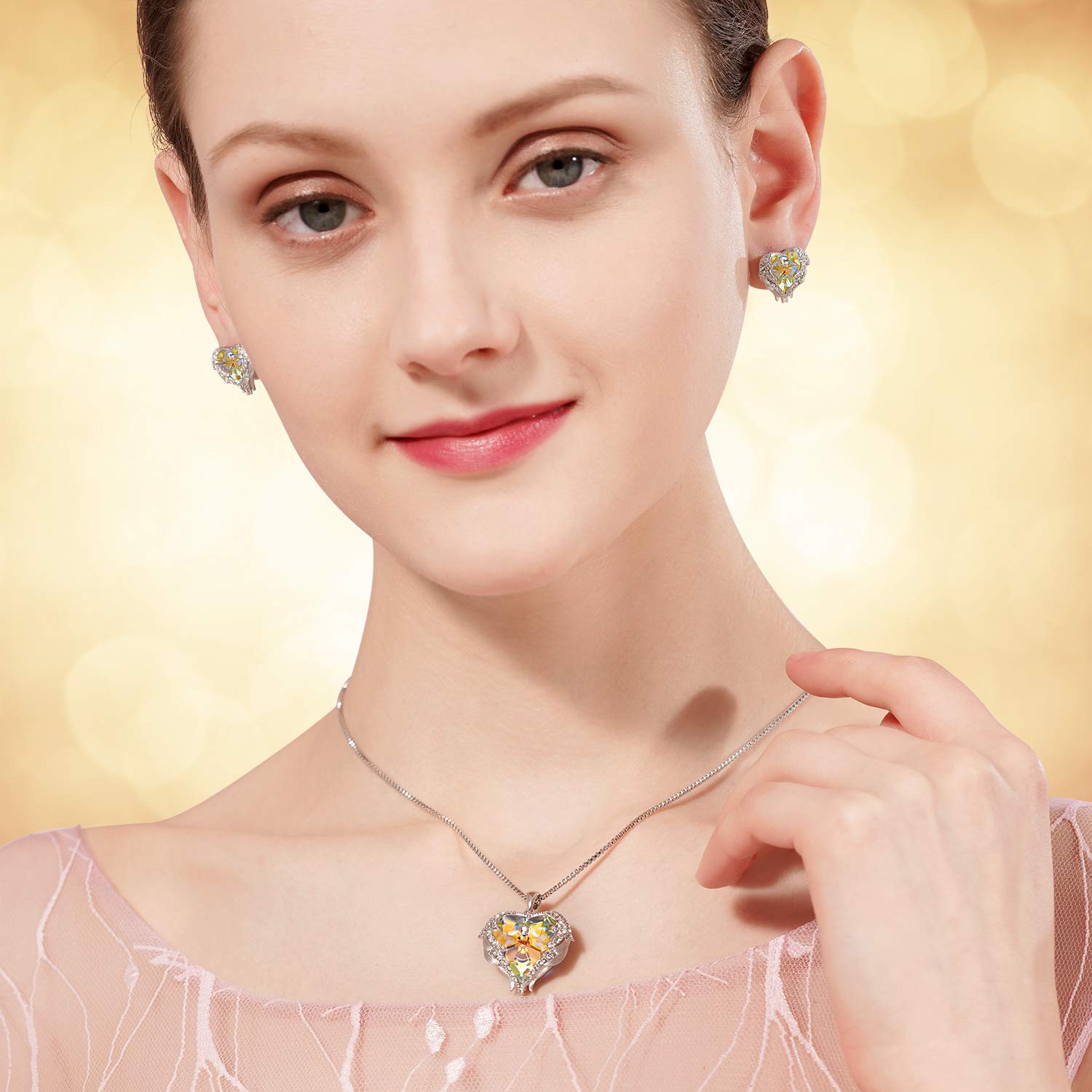 CDE Jewery for Women Swarosvki Pendant Necklaces Set with Silver Angel Wing Crystal Stud Earrings Birthsone Birthday Gifts for Women Girls