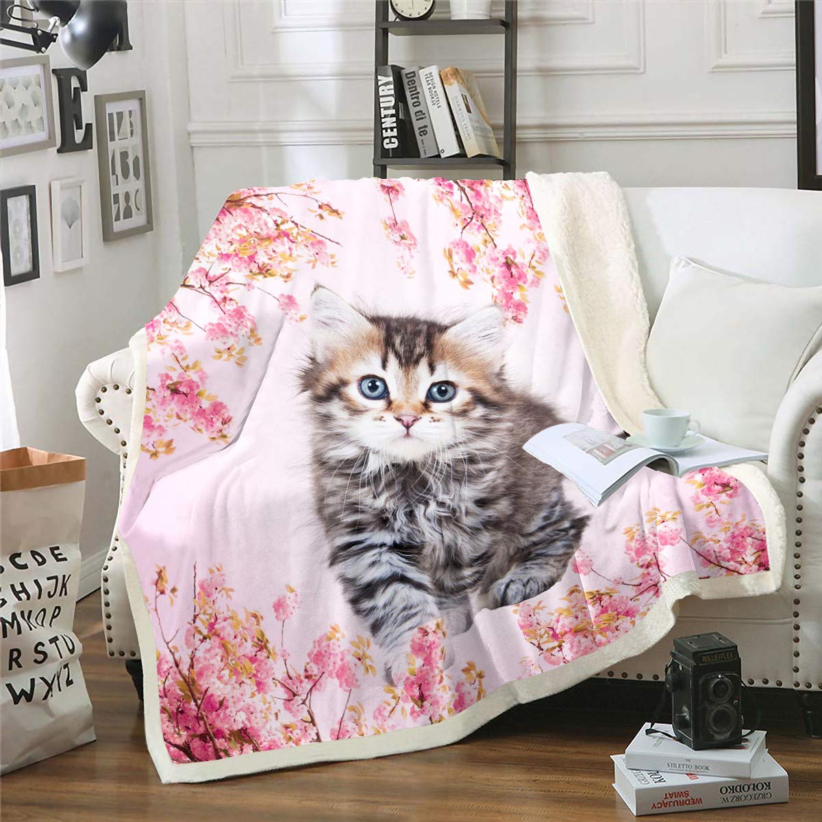 Loussiesd Cute Cat Fleece Throw Blanket Girly Pink Flowers Sherpa Blanket for Kids Adult Lovely Pet Cat 3D Animal Theme for Sofa Bed Kawaii Kitten Room Single 50x60 Inch