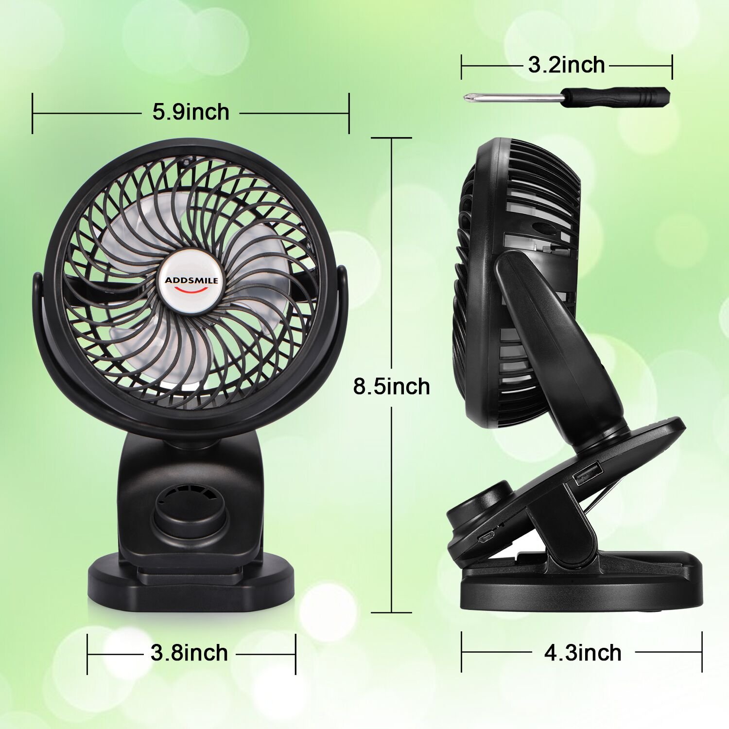Rechargeable Battery Operated Clip Fan, Portable Clip on USB Desk Fan, ADDSMILE 4400mAh Battery/USB Powered Personal Mini Fan for Baby Stroller/Office/Gym/Beds/Car/Traveling/Camping(6~40h) (Mini)