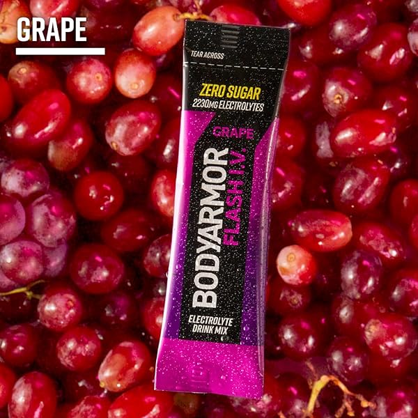 BODYARMOR FLASH IV ELECTROLYTE PACKETS, GRAPE – ZERO SUGAR DRINK MIX, SINGLE SERVE PACKS, COCONUT WATER POWDER, HYDRATION FOR WORKOUT, TRAVEL ESSENTIALS, JUST ADD STICKS TO LIQUID (15 COUNT)