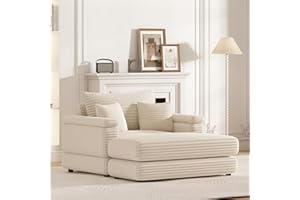 EXZLFA Oversized Chaise Longue Indoor，Comfy Thicked Upholstered Pad Lounge Chair with Ottoman，Soild Wood Sleeper Reclining Chair ，Corduroy Deep Seat Couch for Living Room (Beige, 1 Seat)