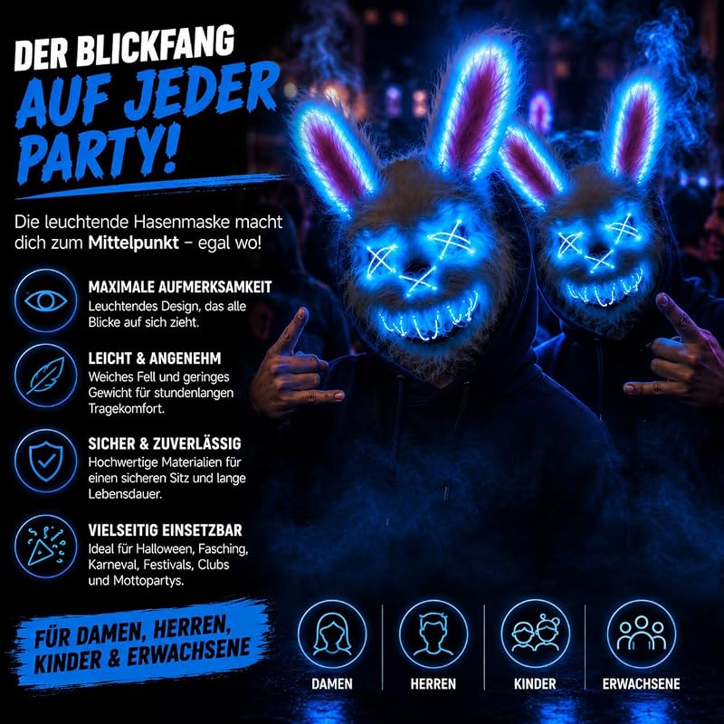 Horror Hase LED Grusel Maske - wie aus Purge steuerbar, Gesicht leuchtend, für Halloween, Fasching & Karneval als Kostüm für Herren & Damen (LED Horror Hase) — Foto 4 von 7