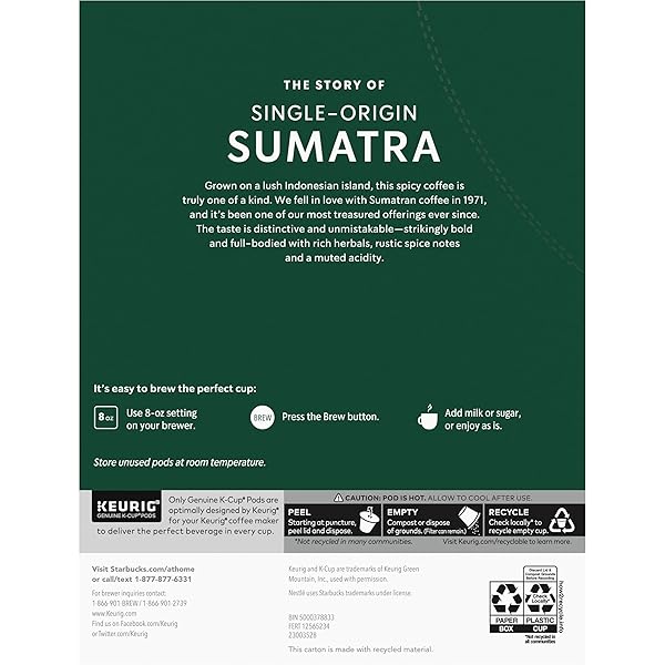 STARBUCKS K-CUP COFFEE PODS, DARK ROAST COFFEE, SUMATRA, 100% ARABICA, 1 BOX (32 PODS)