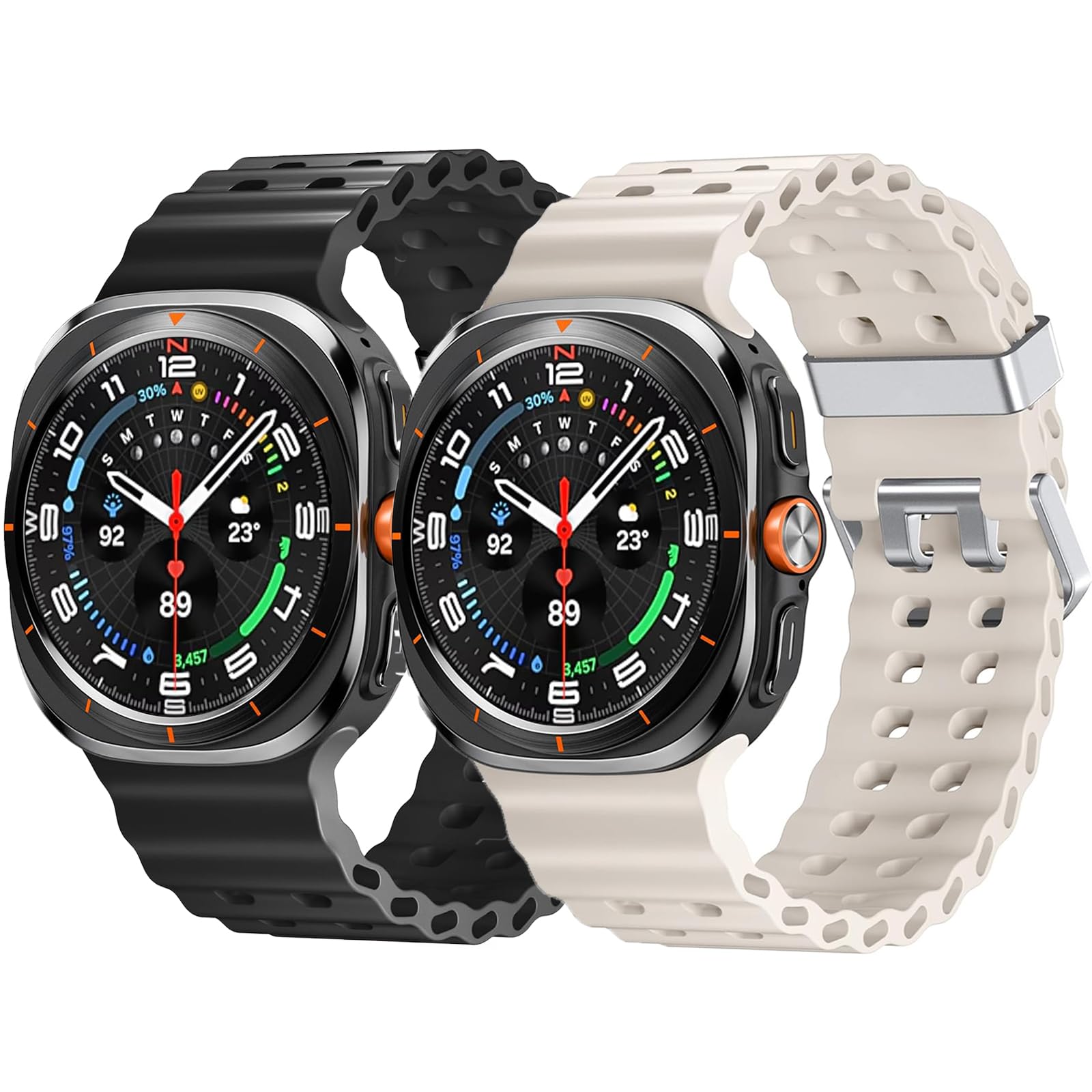 Photo 1 of 2 Pack Waterproof Bands Compatible with Samsung Galaxy Watch Ultra Bands 47mm (2025/2024), Classic Soft Sport Replacement Samsung Ultra Watch Band for Women Men (Black/Starlight)