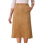 Seta T Women's Faux Suede Skirts Elastic High Waist Fall Winter A-Line Midi Skirt with Pockets