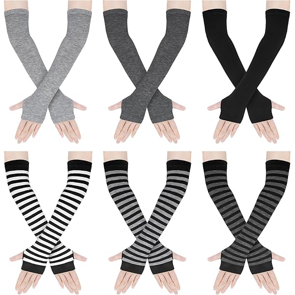 6 Pairs Fingerless Gloves For Women - Knit Arm Warmers With Thumb Hole Striped Design