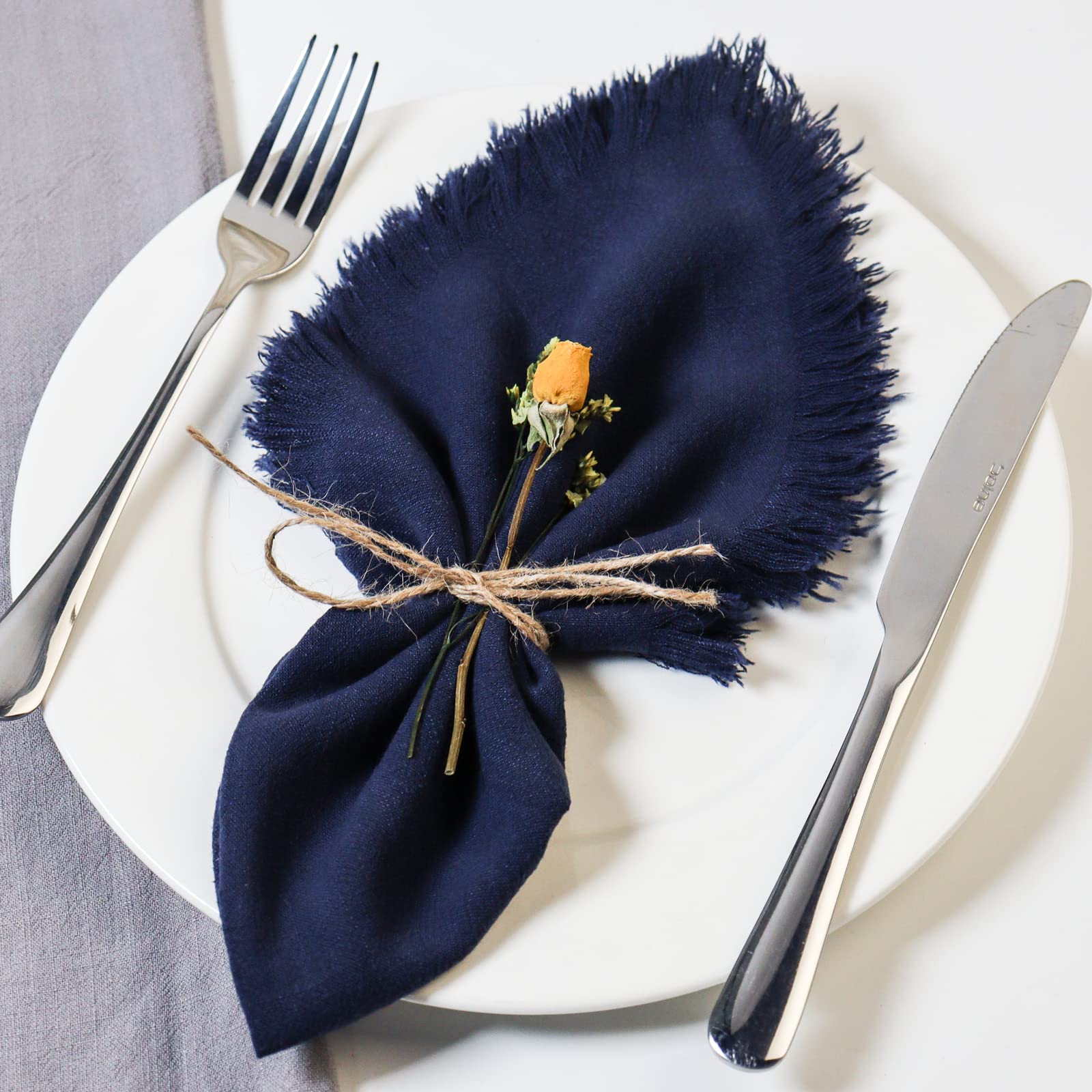 Dololoo Handmade Cloth Napkins, Cotton Linen Cloth Napkins with Fringe, Versatile Handmade Square Rustic Fringe Napkins for Dinner, Wedding and Parties, 45 x 45 CM Set of 4, Navy Blue