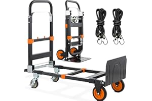 COOCHEER 3-in-1 Folding Hand Trucks, 600Lbs Convertible Hand Truck Dolly, Heavy Duty Convertible Dolly with Retractable Handle and 4 Rubber Wheels, Collapsible Cart for Moving Office/Home/Warehouse(Orange)