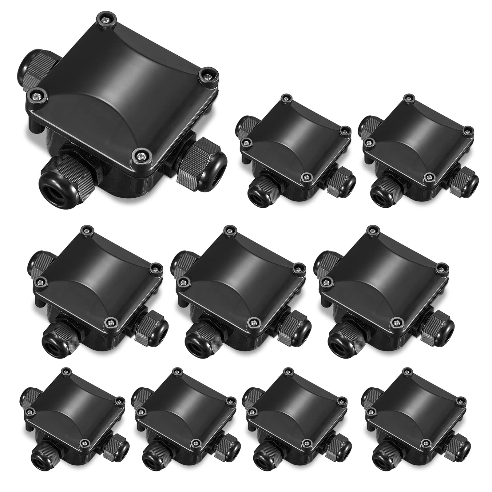 10-Pack Waterproof Junction Boxes, 3-Way Electrical Connector Box for Outdoor/Garden/Landscape Lighting, Black PC Material, Cable Glands for 6.5-10.5mm Wires