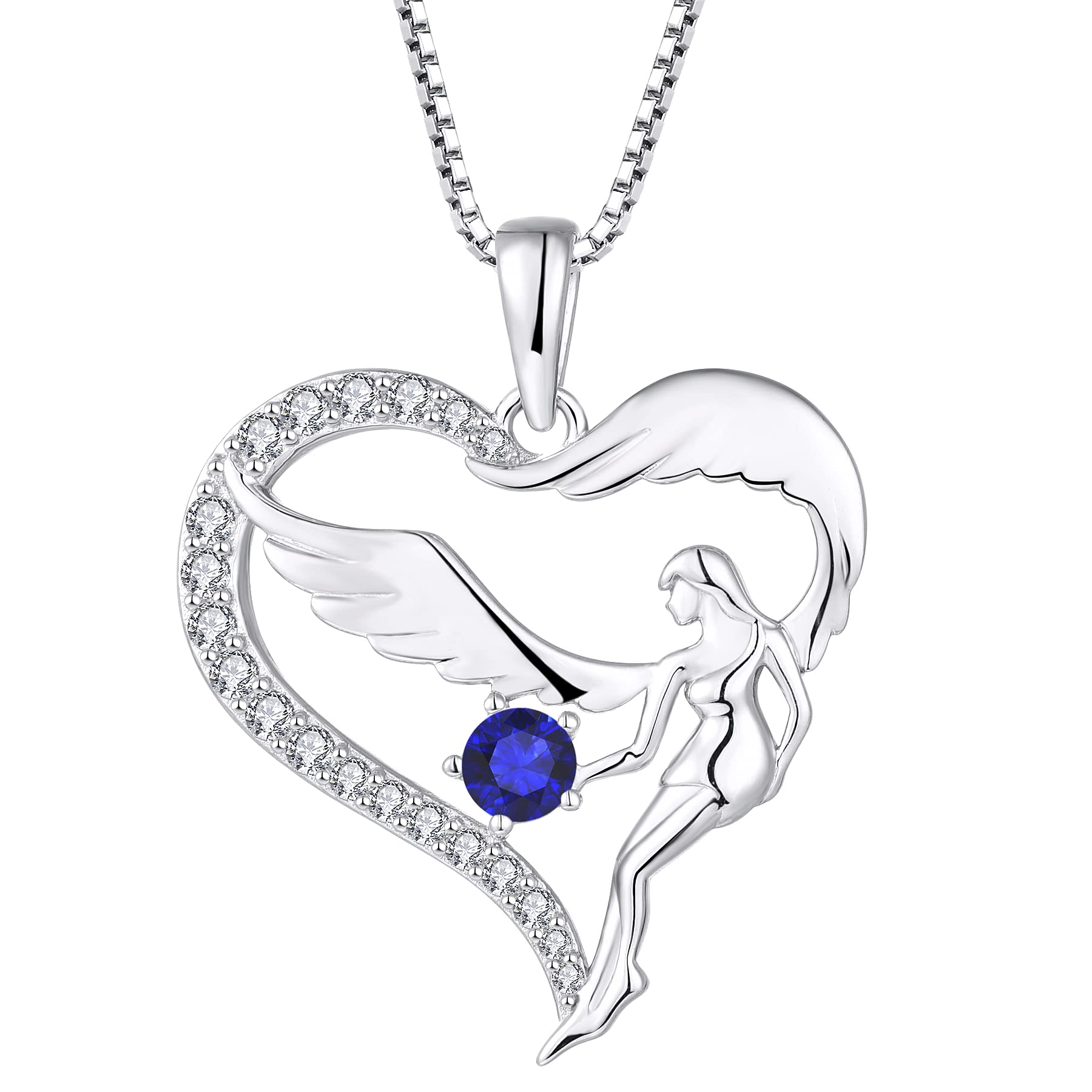 FJ Heart Guardian Angel Necklace 925 Sterling Silver Angel Wing Pendant September Birthstone Necklace Sapphire Jewellery for Women