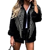 Hwqcldhcs Women Streetwear Denim Jacket Spring Autumn Long Sleeve Lapel Rivet Tassel Loose Jeans Coat Female Black Outwear