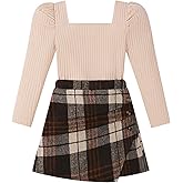 Adarl Girls Plaid Skirt Set A-Line Skort 2PCS Outfit Casual Square Neck Knit Puff Sleeve Shirt Top Fall Winter Clothes 7-14Y
