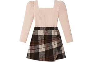 Adarl Girls Plaid Skirt Set A-Line Skort 2PCS Outfit Casual Square Neck Knit Puff Sleeve Shirt Top Fall Winter Clothes 7-14Y