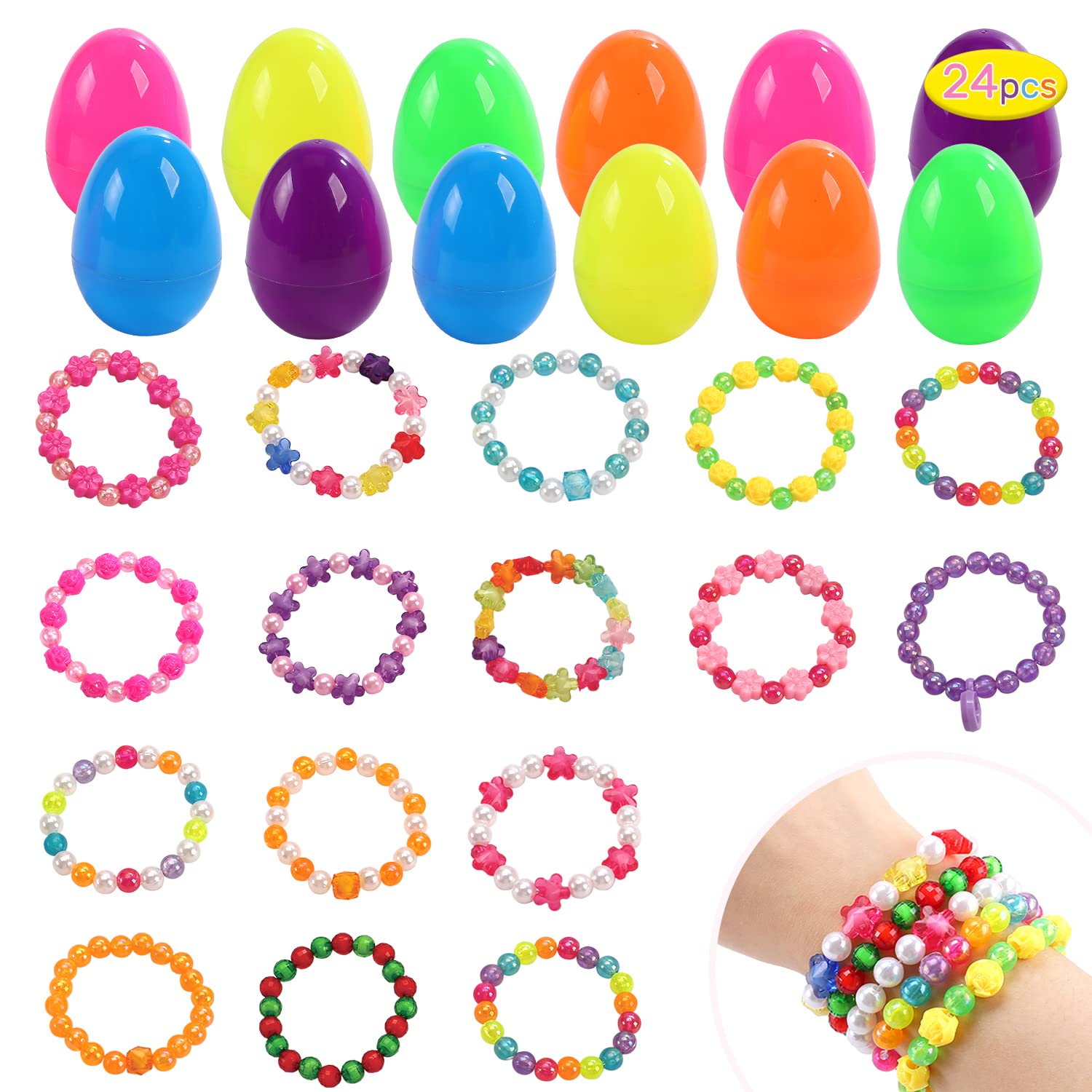 CUTE STONE 24 Pack Filled Easter Eggs with Beads Bracelets Inside, Easter Basket Stuffers Easter Toys Party Favors for Toddler, Girls and Kids