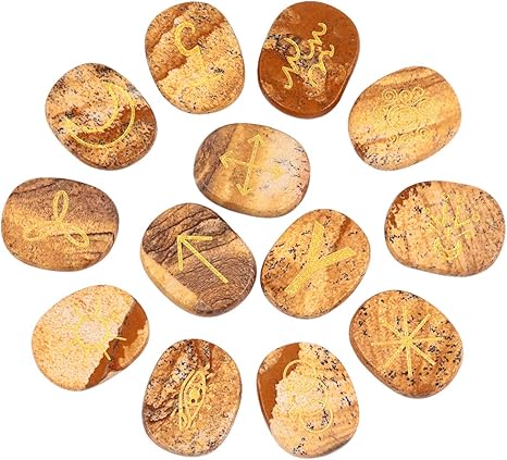 Amazon Com Mookaitedecor Picture Jasper Witches Runes Set Of 13 Healing Crystal Stone With Engraved Gypsy Symbol For Meditation Divination Home Kitchen