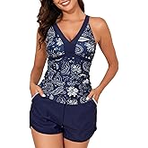 Summer Mae Color Block Tankini Swimsuits for Women 2025 with Side Pockets Sporty Swim Shorts Two Piece Bathing Suits