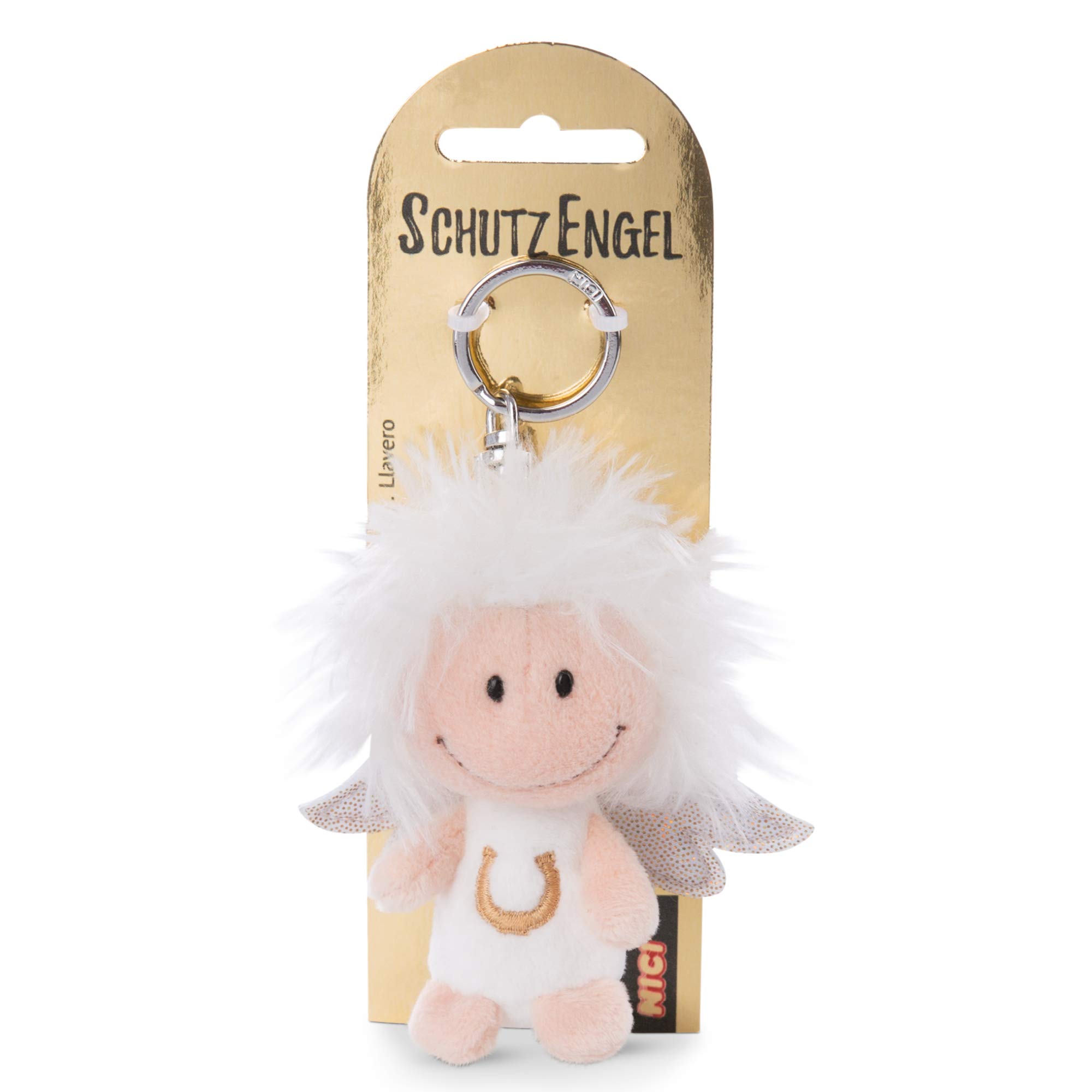 NICI 46120 Pass auf Dich auf 7 cm – Lucky Charm Guardian Angel I Angel Keyring for Lanyard, Keyring & Key Chain, White with Horseshoe and Glitter Wings
