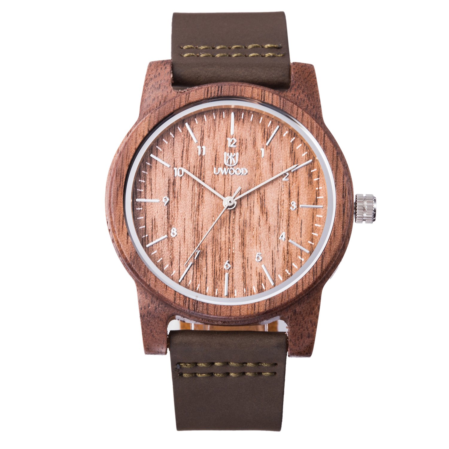 UWOOD Montre en bois en bambou pour homme avec bracelet en cuir de vachette brun Montre en quartz japonais Montres décontractées en bois(Bois de noyer)