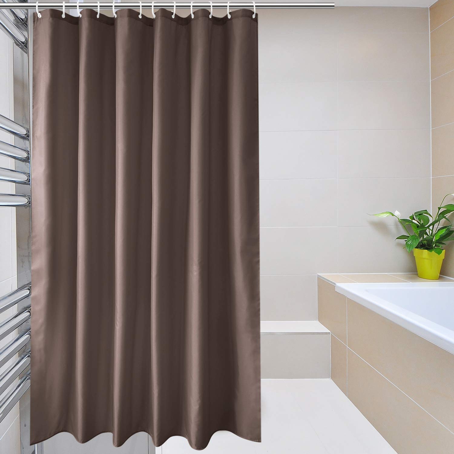 EurCross Brown Shower Curtains Mould Proof Resistant Washable, Quick Dry Water-resistant Fabric Bathroom Shower Curtain 180 x 180cm Drop with 12 Plastic Hooks