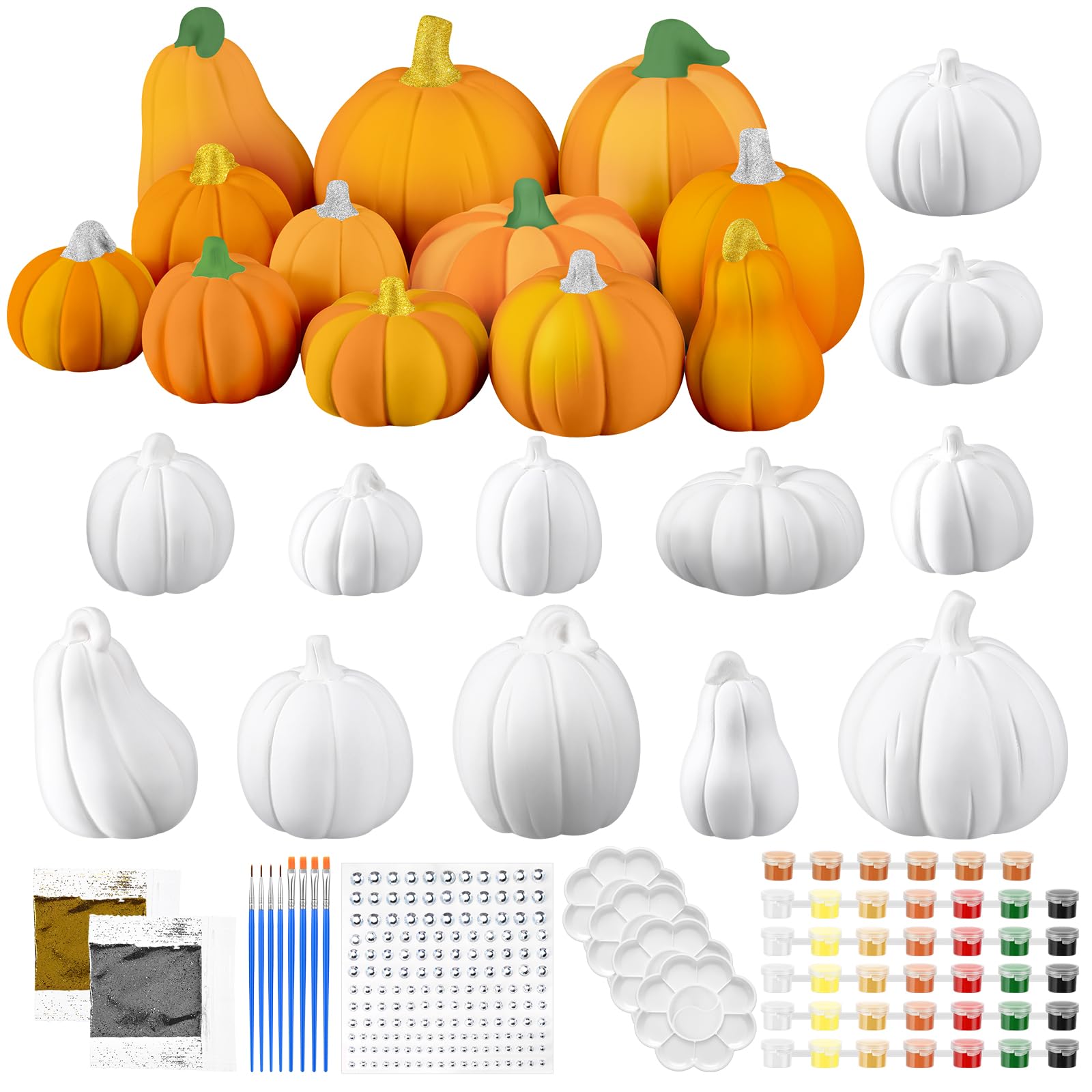 Photo 1 of Vertintong 12 Set Ceramic Pumpkins DIY Painting Kit Fall Theme Ready to Paint Pumpkin Statues Paint Your Own Halloween Pumpkin Figurines Unpainted Crafts with Brush Palette(Gold Color)