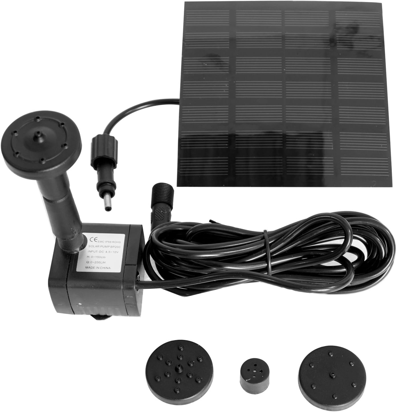 Primrose 150LPH Solar Powered Pond Water Feature Pump Kit Garden Outdoor with 4 Fountain Heads, Black, 150 LPH