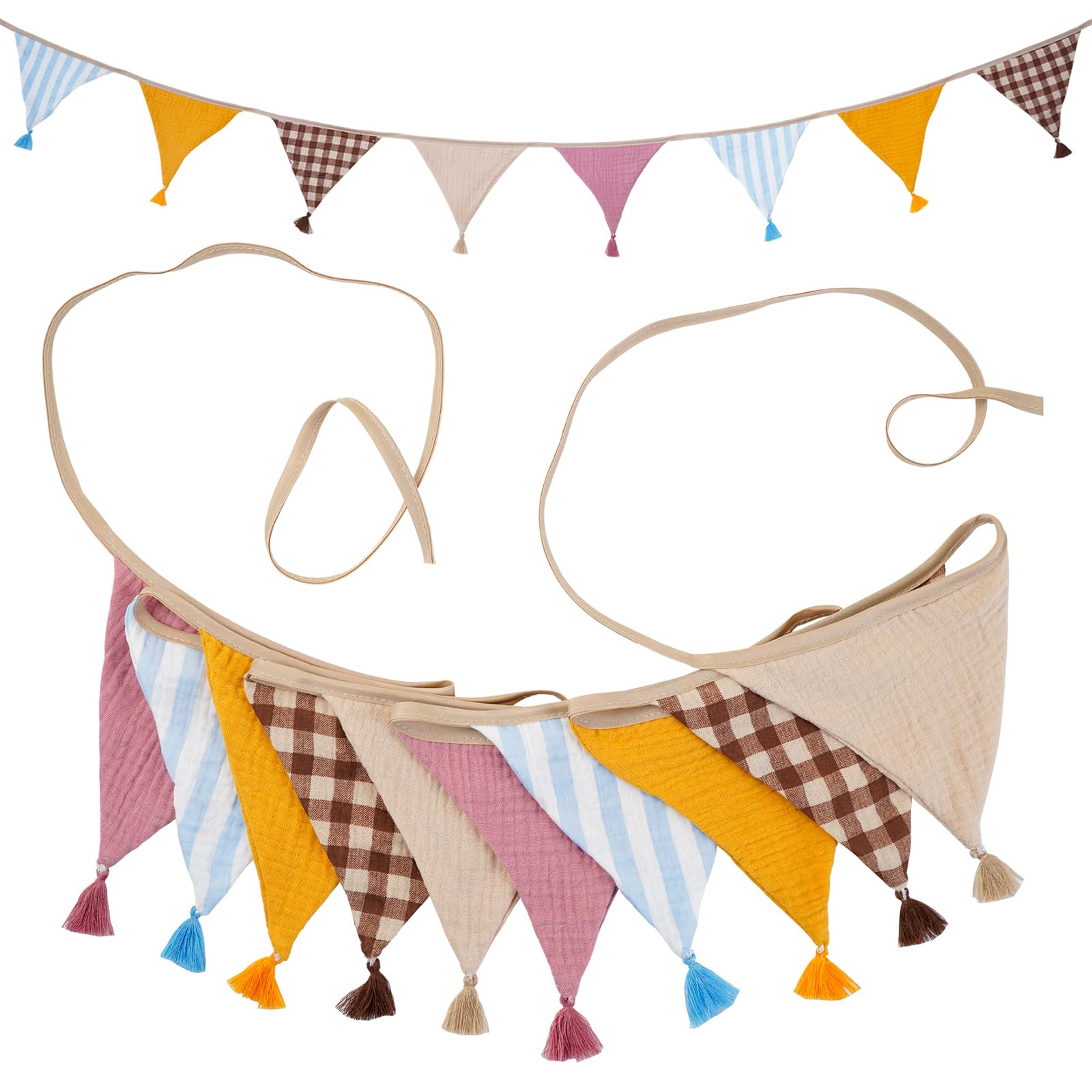 G2PLUS Muslin Fabric Bunting with Tassel: 10PCS Double Sided Cotton Garland, 2.6m Nursery Fabric Triangle Banner for Nursery, Bedroom, Baby Shower, Brithday Party Decoration, Pink and Brown — image 1