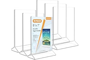 MaxGear Acrylic 5 X 7 inches Clear Sign Holder-Table Card Display-Table Menu Plastic Display Stand - Double Sided Ad Picture Frame for Office, Home, Store, Restaurant, 6 Pack