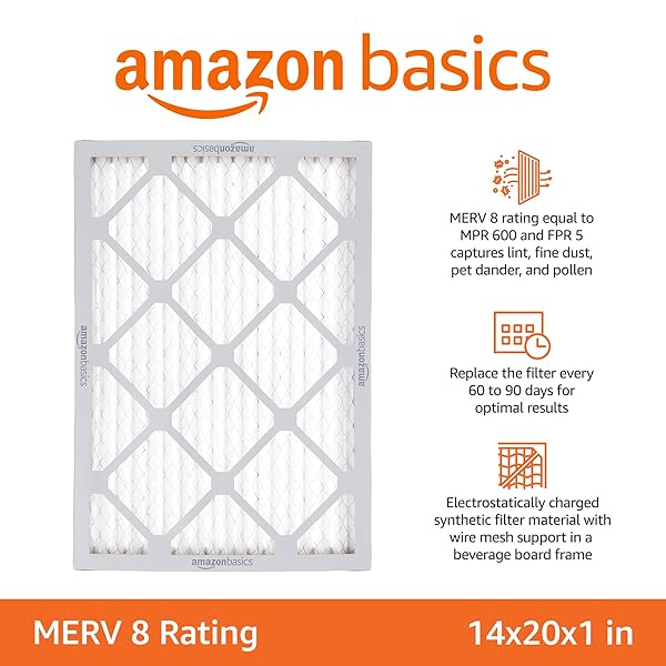 AMAZON BASICS 14X20X1 AIR FILTER, MERV 8 AC FURNACE FILTERS, ALLERGY CONTROL, ELECTROSTATIC, REMOVES DUST POLLEN AND LINT, 6-PACK (ACTUAL SIZE: 13.75″ X 19.75″ X 0.75″)