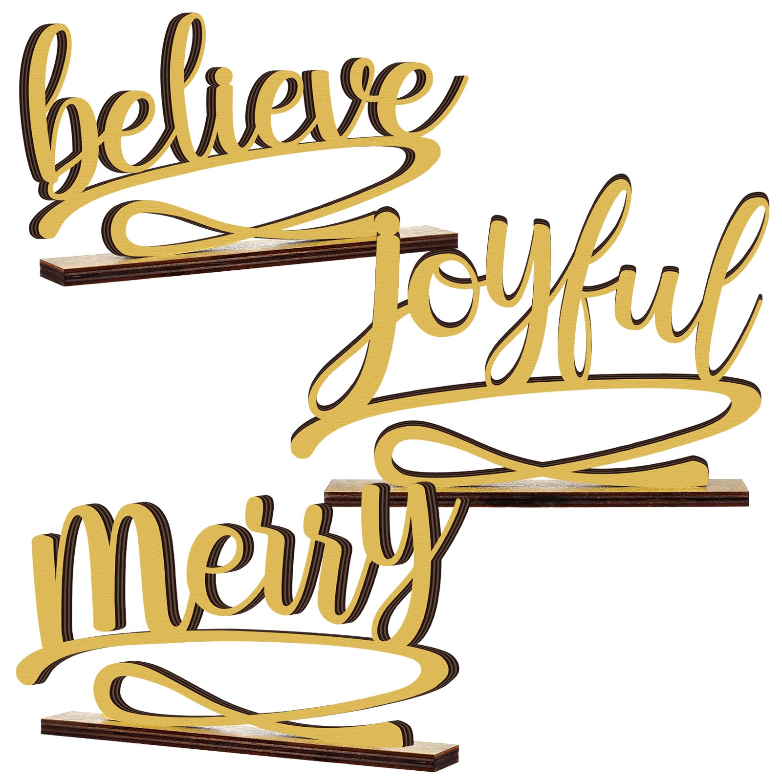 Photo 1 of *ONE IS DAMAGED* Kathfly 3 Pcs Christmas Tabletop Word Sign Believe Joyful Merry Xmas Mantle Decor Freestanding Christmas Mantle Sign Xmas Wood Cutouts Table Plate Rustic Ornaments for Home Office Decoration(Gold)