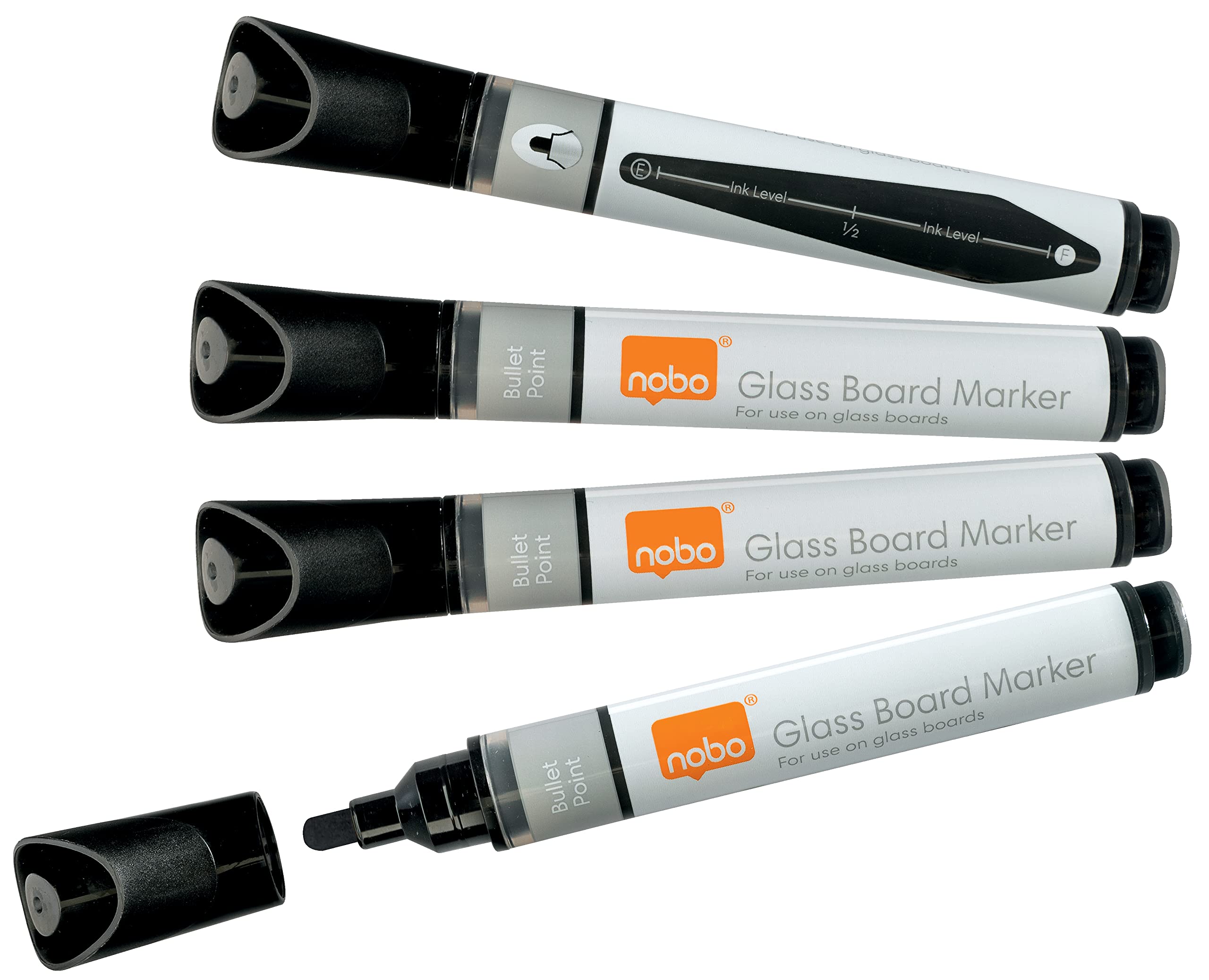 Nobo Liquid Ink Glass Whiteboard Pens, 3mm Bullet Tip, 4 Pack, Dry Erase Markers, Black, 1905322