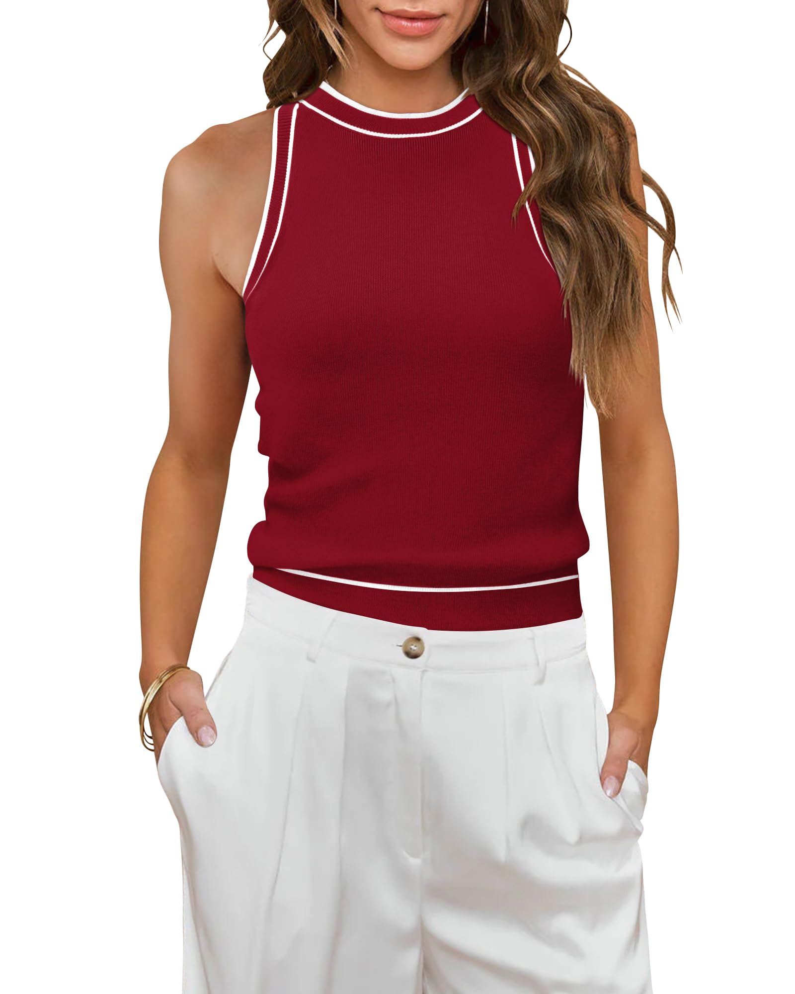 Photo 1 of MIHOLL Womens Tops Cute Dressy Halter Crop Racerback Tank Tops Sleeveless Knit Y2K Color Block Tanks Shirts(Red,Large)
