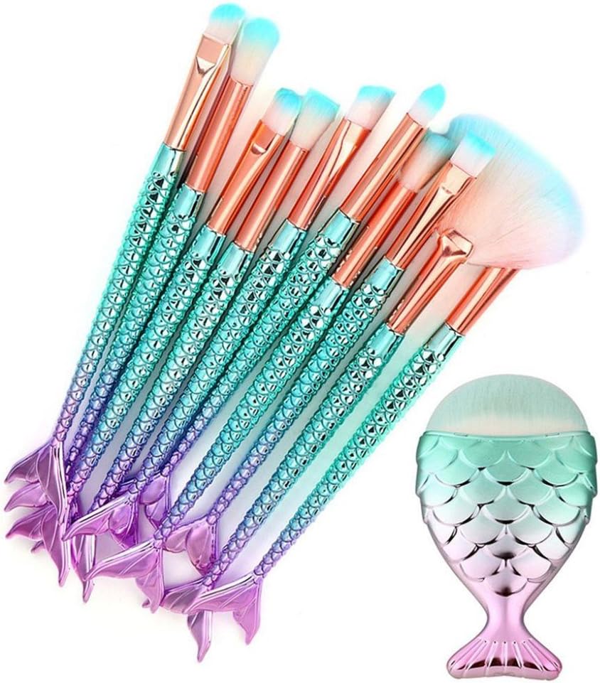 Gocheaper 10/11 PCS Mermaid Makeup Brush Set,Foundation Eyebrow Eyeliner Blush Cosmetic Concealer Brush Kit (11 Multicolor Mermaid)