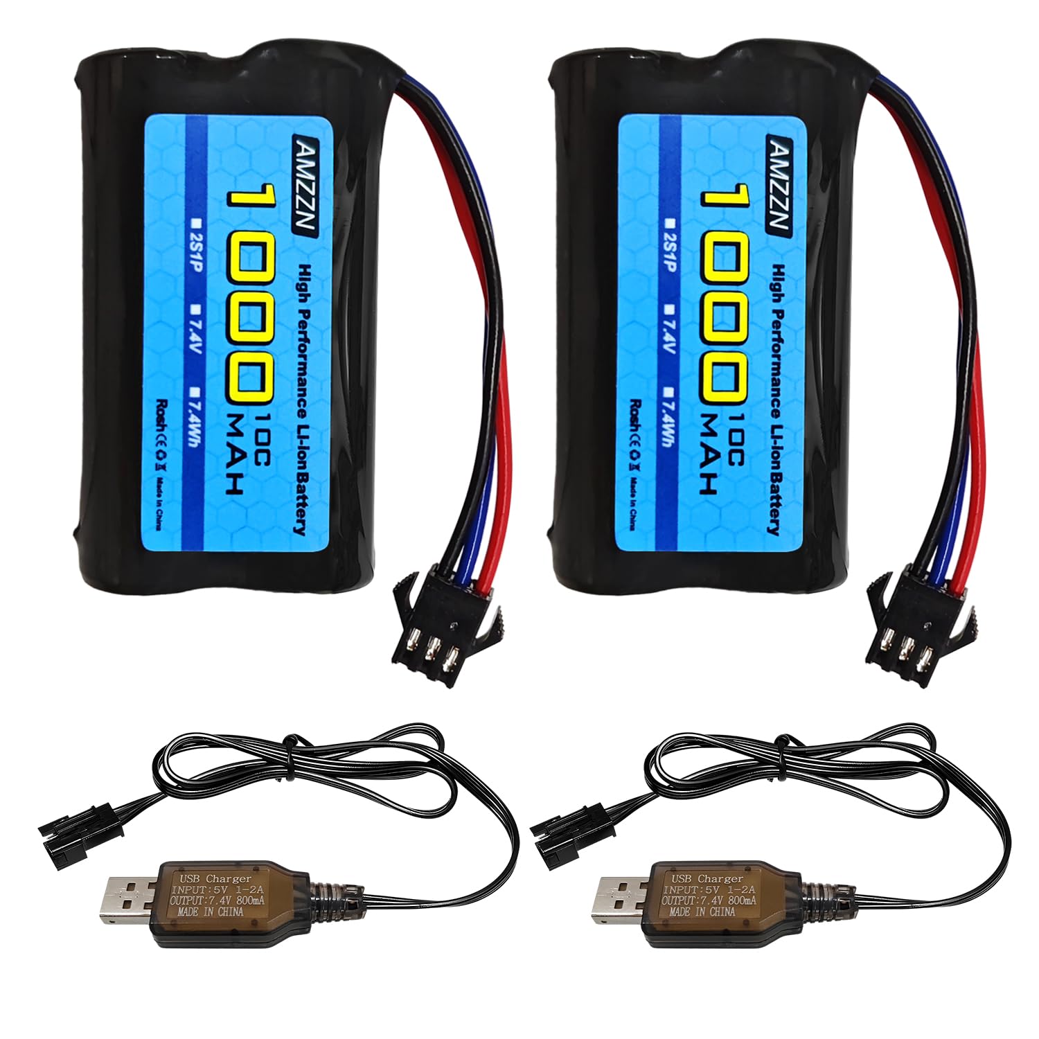 2PCS 7.4V 1000mAh 2S 10C Li-ion Battery with SM-3P Plug and USB Charging Cable for DE82 TK3086B G20601 RC Car TK-3082B Stunt Flipping Car C60 Truck Battery