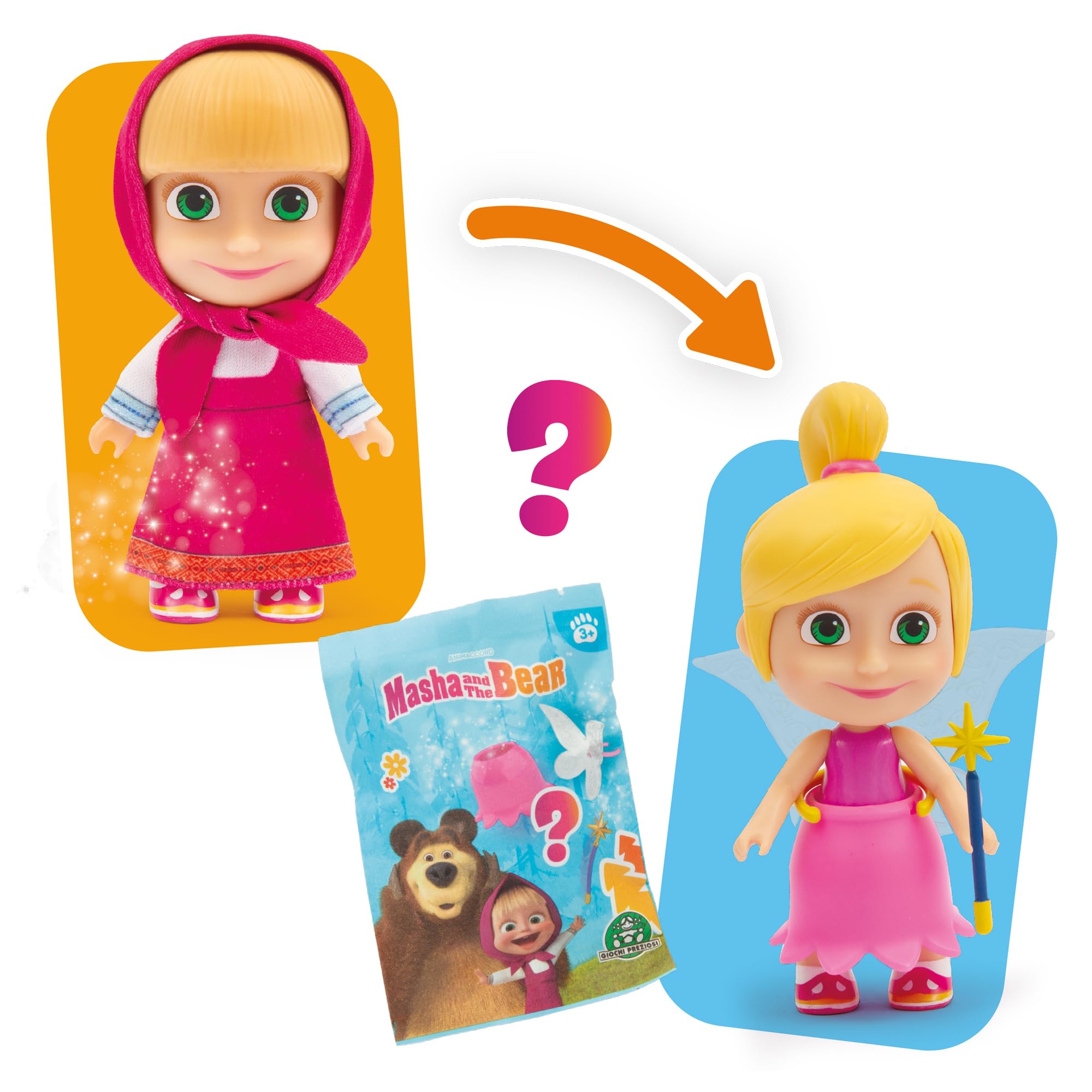 Giochi Preziosi Masha E Orso 12cm Masha Doll with Removable Dress and Hair, 3 Surprise Sachets and Accessories for Transforming Fairy Doll for Ages 3+