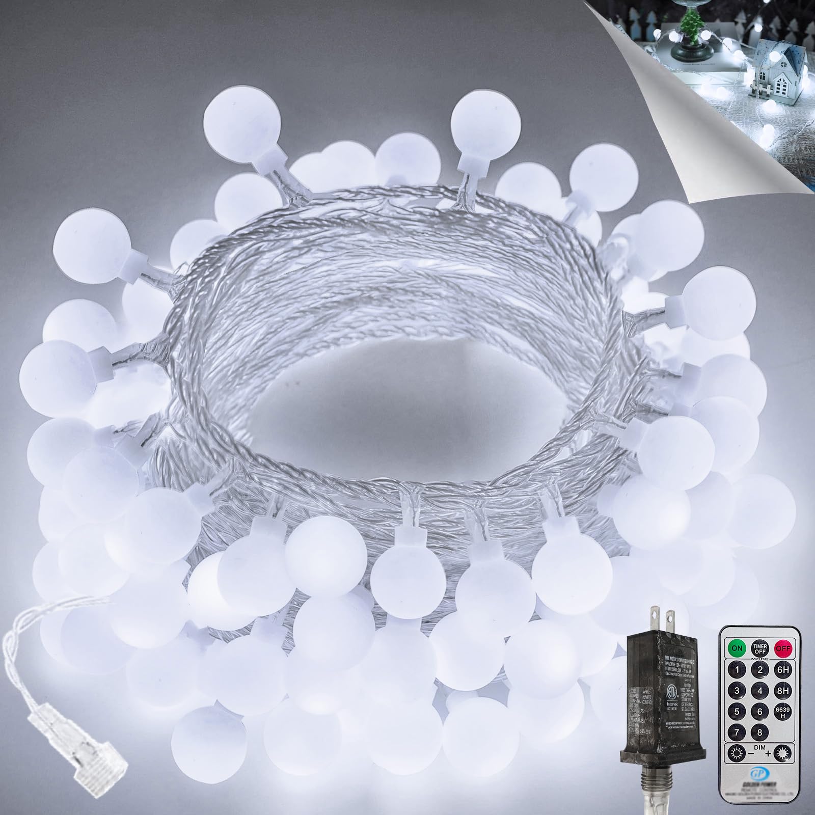 Photo 1 of 100LED Connectable String Lights Indoor Outdoor for Bedroom, 43ft White Globe Lights Plug in with Remote & Timer, 8 Lighting Modes Waterproof Fairy Light for Room Classroom Wedding Christmas Decor