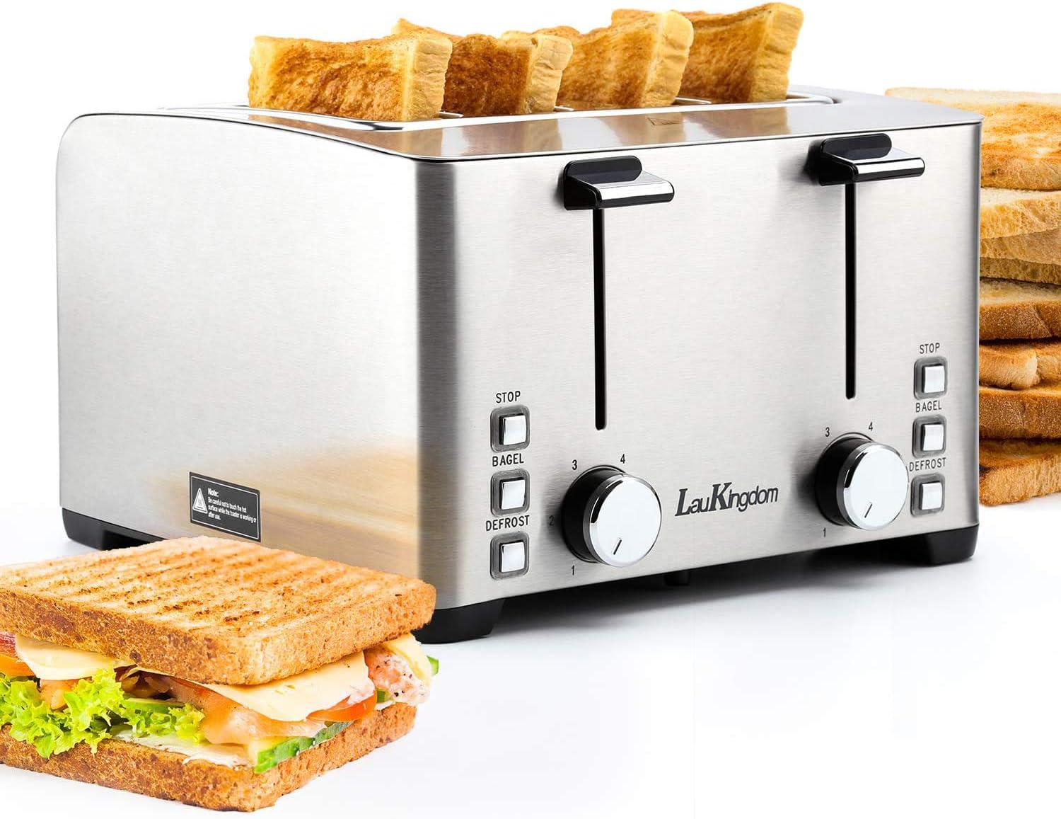 LauKingdom 4 Slice Toaster Stainless Steel Toaster with Bagel/Defrost/Stop Function 4 Extra Wide Slots 6 Bread Shade Settings 1500W Silver