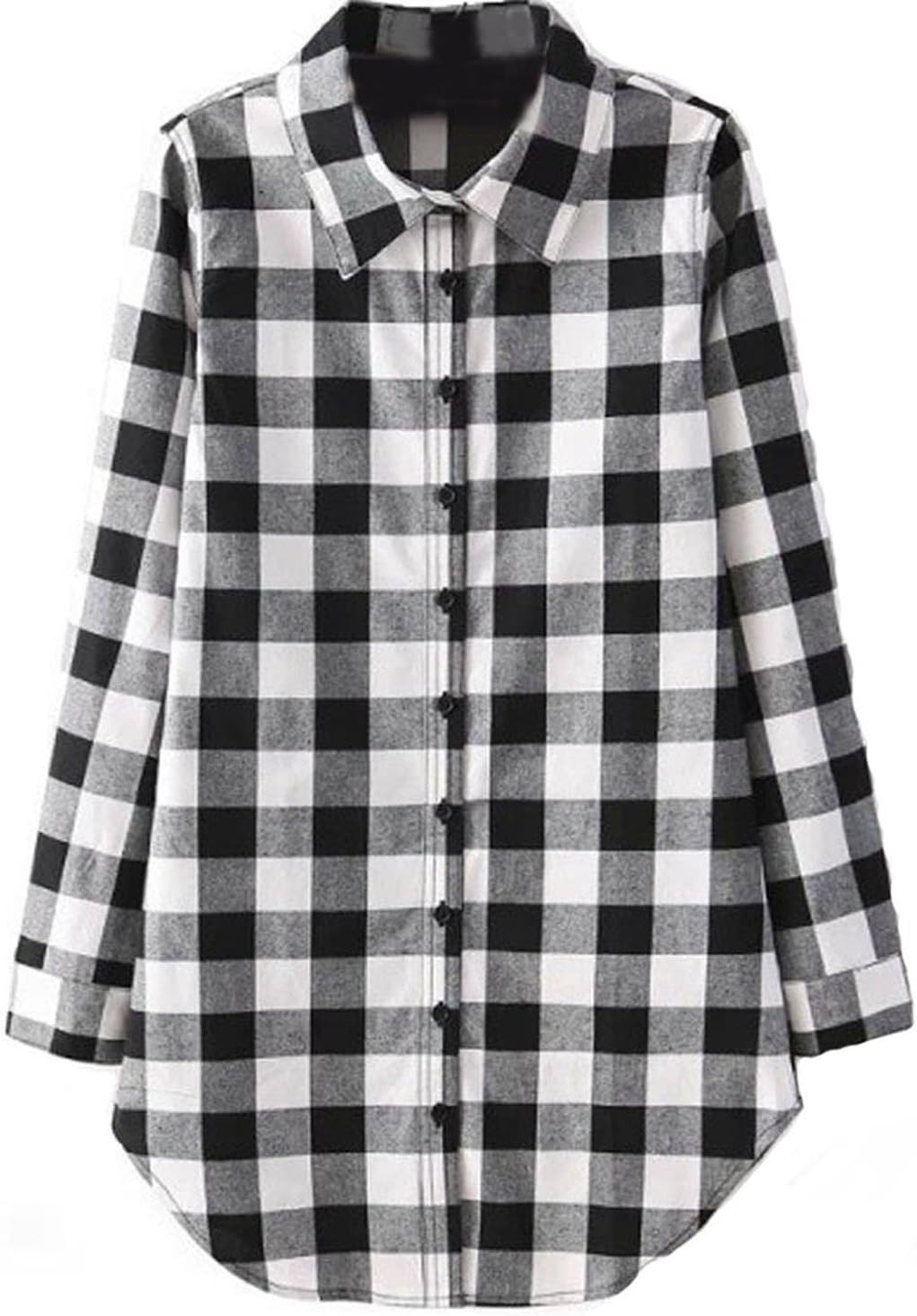 D2C Beauty Women's Mid-Long Style Roll-Up Sleeve Plaid Boyfriend Top T-Shirt