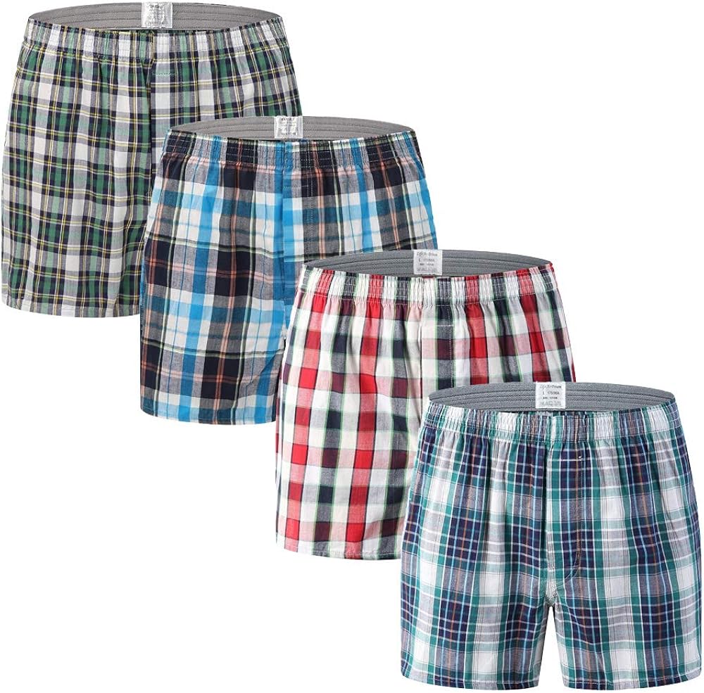 Nuofengkudu Men's Cotton Woven Boxer Shorts Button Fly(4 Pack) Amazon