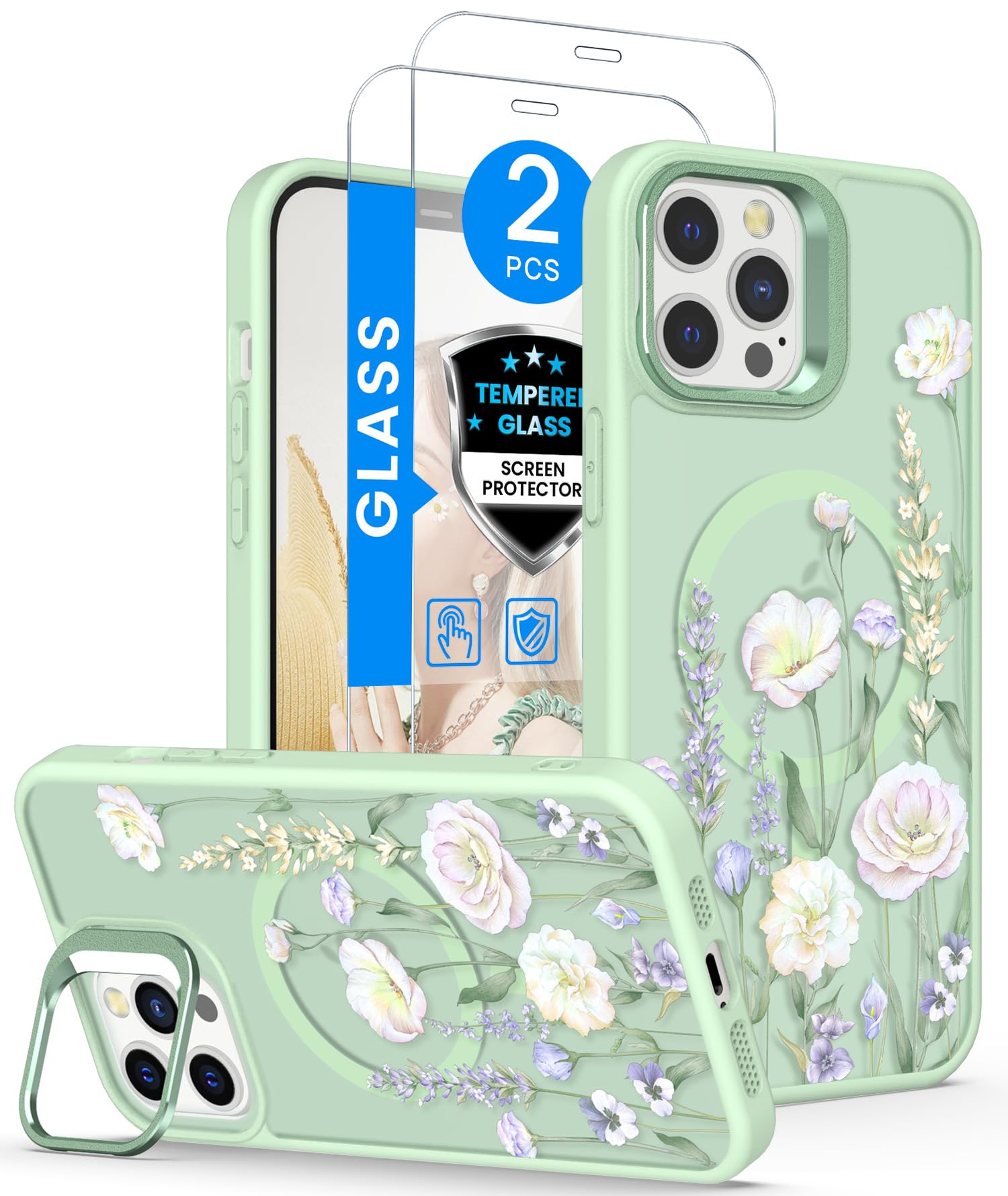 Dretal Magnetic for iPhone 11 Pro Max Case,Screen Protector,Built-in Lens Ring Stand,Military-Grade Protection,Translucent Matte Magnetic Shockproof Flower Pattern Case for Women Girls - Platycodon